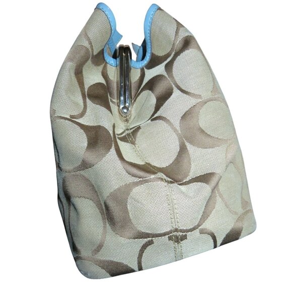 Coach 2009 Cursive Creed Khaki & Blue Jacquard Frame Kisslock Carryall Satchel - Picture 4 of 12